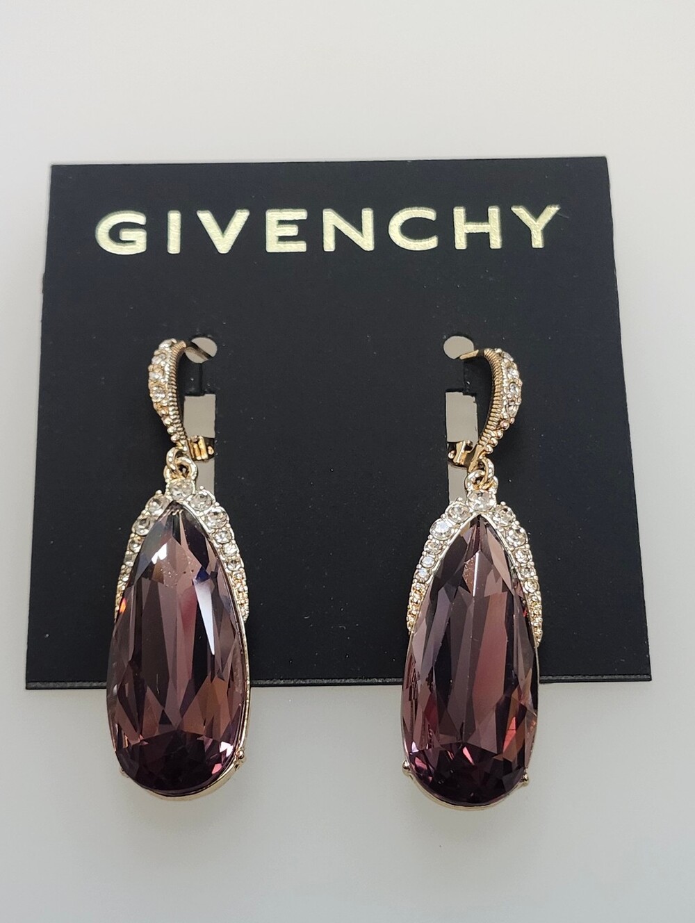 NWT Gold-Tone Givenchy Pink Crystal Pear-Shape Charm Hoop Earrings
